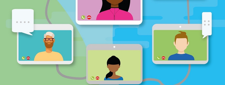 Bunte Grafik zu einer Videokonferenz zwischen sechs Personen.