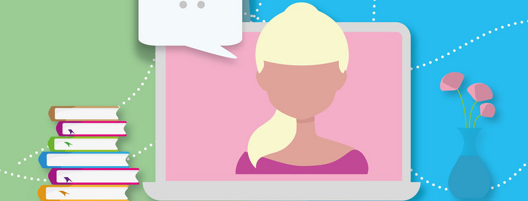 Bunte Grafik zu einer Person, die am Bildschirm im Rahmen einer Videokonferenz abgebildet ist.