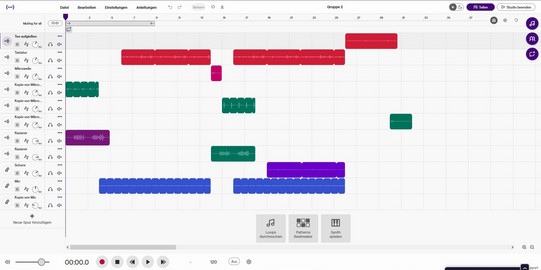 Ein Screenshot der Software "Soundtrap": Ein Raster, auf dem bunte Rechtecke zu sehen sind, die die Länge des hochgeladenen Sounds darstellen. Die Rechtecke sind untereinander angeordnet, in jeder Zeile befindet sich ein anderer Sound. Links stehen die Bezeichnungen der Sounds: Tee aufgießen, Tastatur, Mikrowelle, Rasierer, Schere Mic.