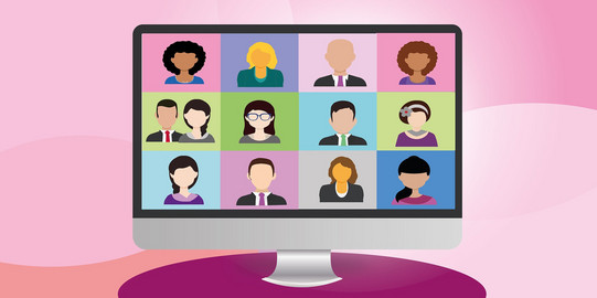 Bunte Grafik zu einem Bildschirm, auf dem eine Videokonferenz zwischen 12 Personen abgebildet ist.