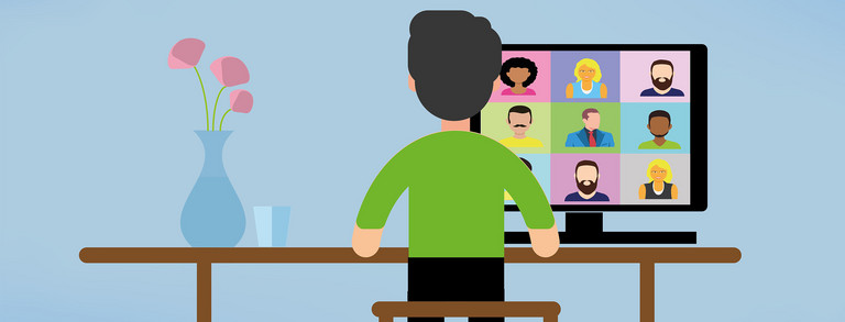 Bunte Grafik zu einer Person am Schreibtisch, die am PC an einer Videokonferenz teilnimmt.