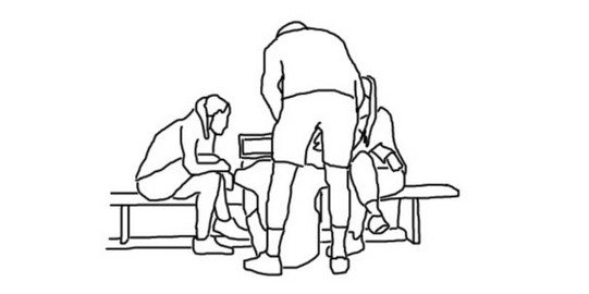 Zeichnung von einer Gruppe von Personen, die auf ein Tablet schauen. 