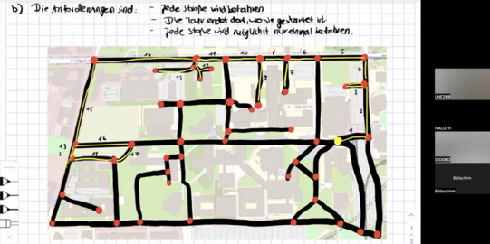 Screenshot aus der Arbeit mit einem interaktiven Lernvideo zum Postbotenproblem. Drei Studierende arbeiten via Zoom an der Erstellung eines diskreten Graphen auf Grundlage der Straßenkarte zum Campus Nord der TU Dortmund.