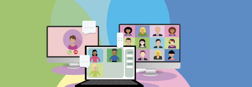 Bunte Grafik zur Kollaboration mit digitalen Medien.